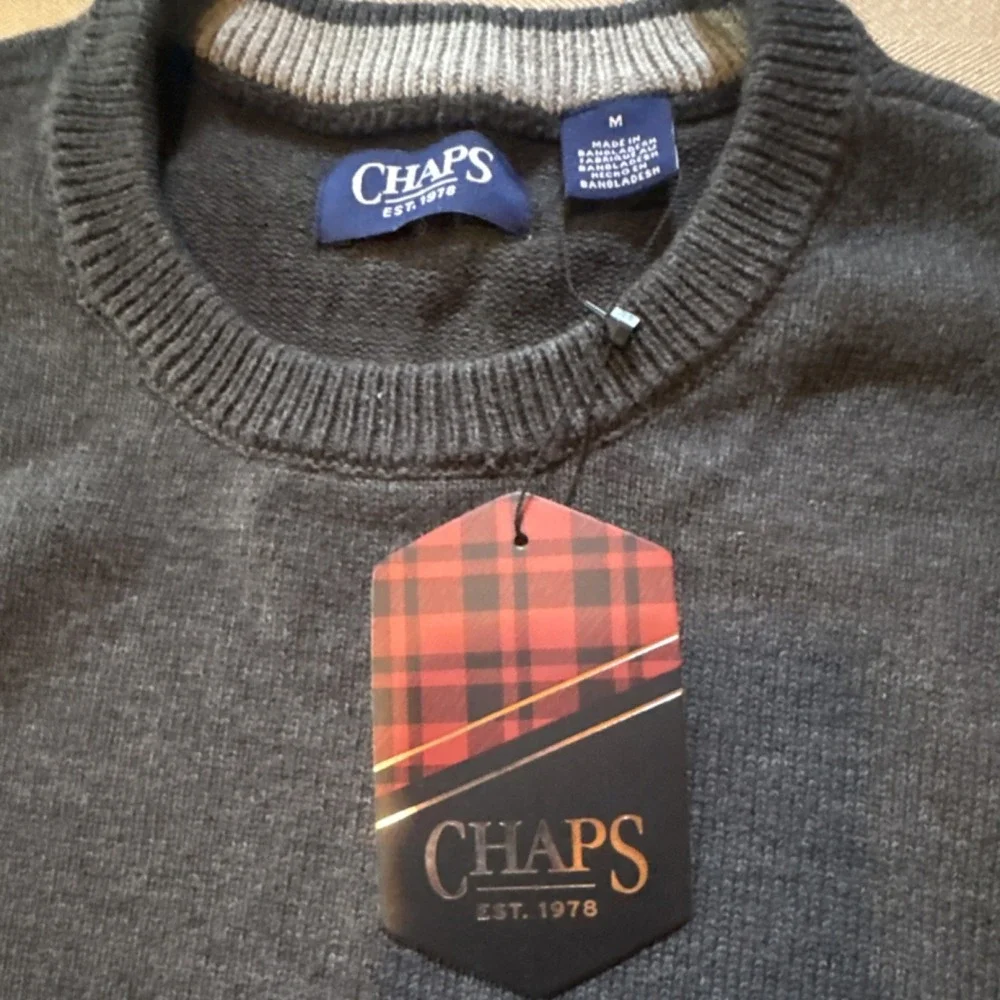 Chaps Men's M‎ Crew Neck Knit Pullover Sweater Gray Striped Long Sleeve Logo